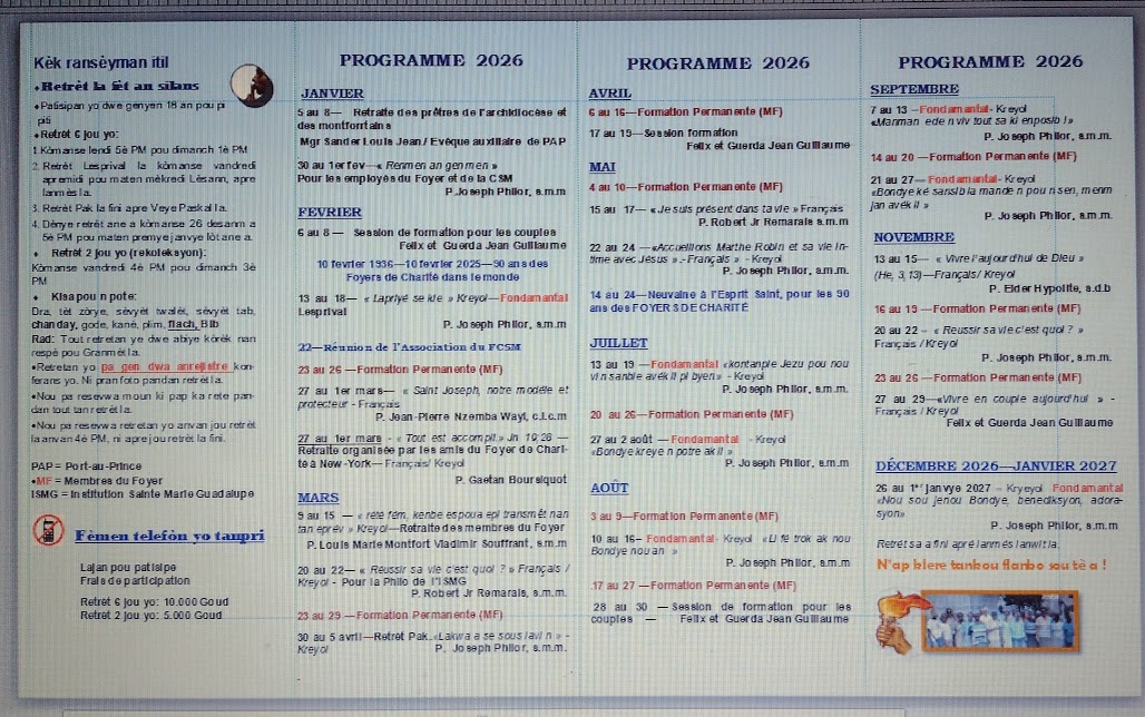 CALENDRIER DE NOS RETRAITES 2026